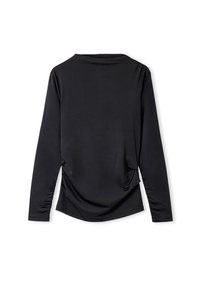 Schwarzes Langarmshirt aus glattem Stoff. Mit einem runden Ausschnitt und gerafften Seitendetails. Schlichte, figurbetonte Silhouette.