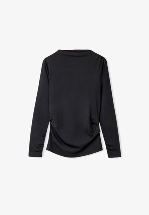 Zwarte top met lange mouwen van gladde stof. Heeft een ronde hals en geplooide details aan de zijkanten. Eenvoudige, aansluitende silhouet.