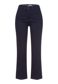 Jean en denim bleu foncé avec une coupe droite, fermeture à bouton, poches avant et détails de couture décoratifs sur la ceinture.
