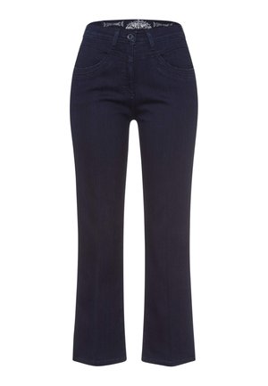 Dunkelblaue Denim-Jeans mit geradem Beinausschnitt, Knopfverschluss, Fronttaschen und dekorativen Nähten am Taillenbund.