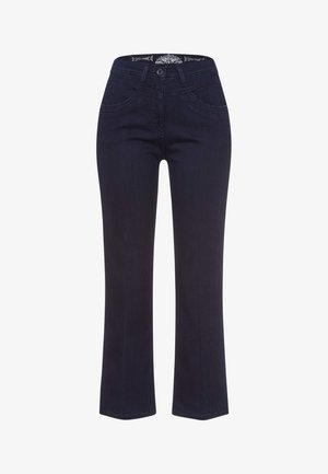 Donkerblauwe denim jeans met een rechte pijp, knoopsluiting, voorkruiszakken en decoratieve stikseldetails op de tailleband.