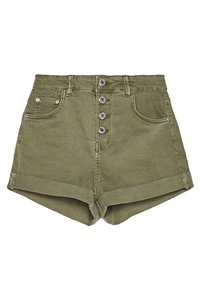 Olivgröna denimshorts med hög midja, femknappsstängning, uppvikt nederkant och två framfickor. Slät textur och minimala design detaljer.