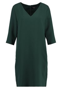 Grünes, knielanges Kleid aus glattem Stoff mit V-Ausschnitt und Dreiviertelärmeln. Mit Seitenschlitzen und Reißverschluss hinten. Schlichtes Design.