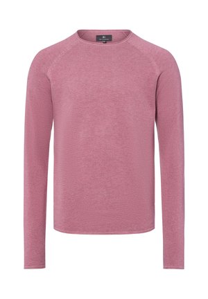 Langärmliger Herrenpullover aus strukturiertem, staubrosafarbenem Stoff mit Rundhalsausschnitt und Raglanärmeln.