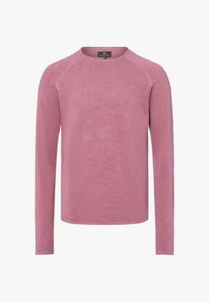 Langärmliger Herrenpullover aus strukturiertem, staubrosafarbenem Stoff mit Rundhalsausschnitt und Raglanärmeln.