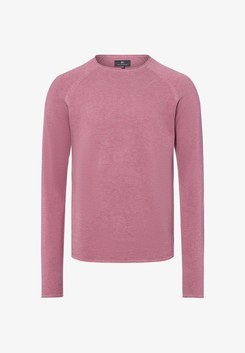 Langärmliger Herrenpullover aus strukturiertem, staubrosafarbenem Stoff mit Rundhalsausschnitt und Raglanärmeln.