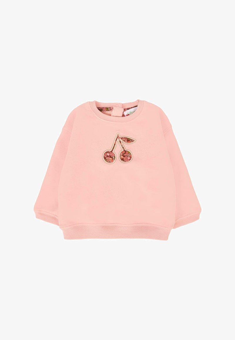 Felpa rosa a maniche lunghe per neonato con polsini e orlo a costine, caratterizzata da un'applicazione di ciliegia con motivo floreale sul petto.