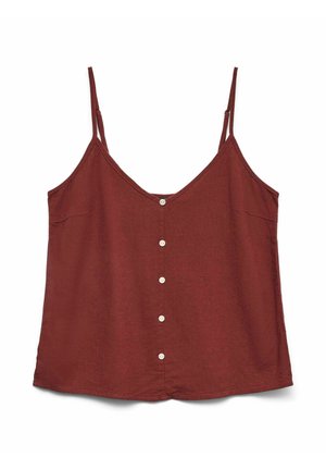 Mouwloos roestrode hemd met dunne verstelbare bandjes en een rij van zes kleine witte knopen aan de voorkant.