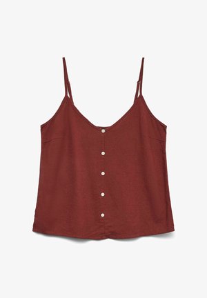 Mouwloos roestrode hemd met dunne verstelbare bandjes en een rij van zes kleine witte knopen aan de voorkant.
