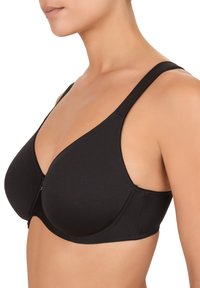 Reggiseno nero con una texture liscia, scollatura profonda, spalline larghe e regolabili, e chiusura frontale. Presenta coppe senza cuciture per un supporto ottimale.