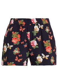 Szorty w kwiatowy wzór z ciemnoniebieskim tłem, na którym znajdują się kolorowe róże i motyle, z elastycznym pasem i luźnym krojem.