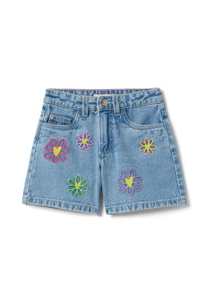 Blauwe denim shorts met geborduurde kleurrijke bloemen met hartvormige centra en een knoopsluiting in de taille.