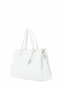 Sac tote en cuir blanc avec poignées doubles, forme rectangulaire, texture lisse et détails de couture subtils. Équipé d'un petit accent de tirette zippée.