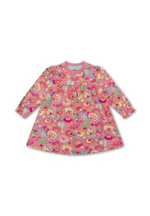 Rosa jurk met lange mouwen, voorzien van een bloemenpatroon in rood, groen en geel. Bevat een ronde halslijn en plooien bij de borst.