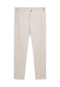 Beige trousers with a straight-leg fit, made of smooth fabric. Features front pockets and a single button closure at the waist.
