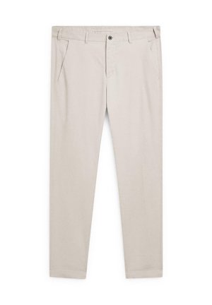 Pantaloni beige con vestibilità a gamba dritta, realizzati in tessuto morbido. Presentano tasche anteriori e una chiusura con un singolo bottone in vita.