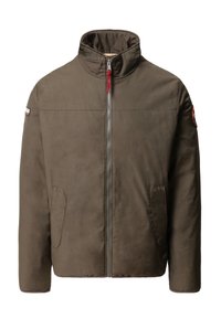 Brun zip-up jakke med høj krave, to sidelommer, glat tekstur og et logo-patch på venstre ærme.