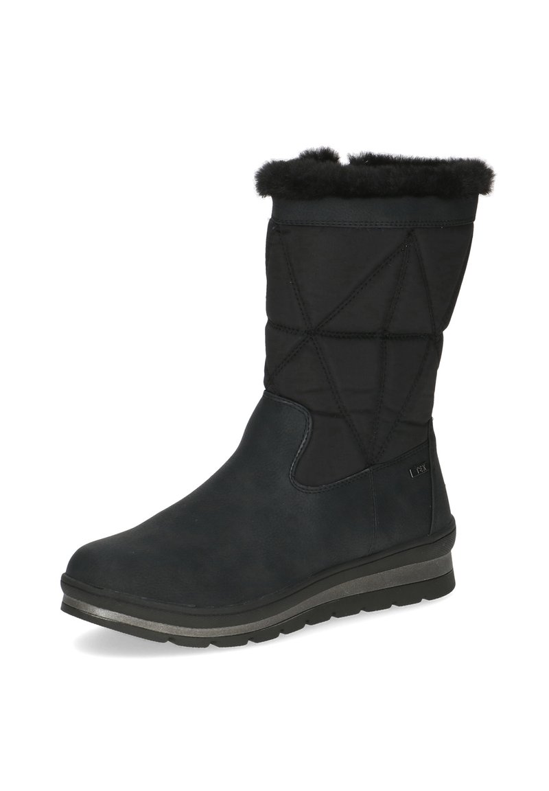 Czarne botki za kostkę z miękką, futrzaną wyściółką, teksturowanym materiałem i gumową podeszwą. Posiadają haftowane geometryczne wzory na cholewce.