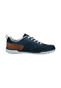 Navy blue athletic shoes with brown suede accents, textured mesh panels, white laces, and a rugged white sole.