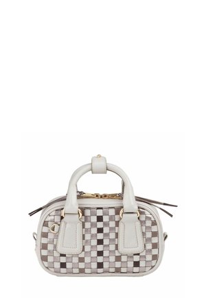 Small rectangular handbag with white and gray woven checkerboard pattern and two white handles with gold hardware accents.