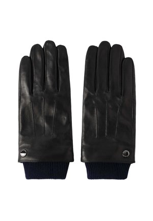 Schwarze Lederhandschuhe mit einem gerippten, marineblauen Strickbund, mit vier Nähten an jedem Finger und einem kleinen Metalllogo im Handgelenkbereich.