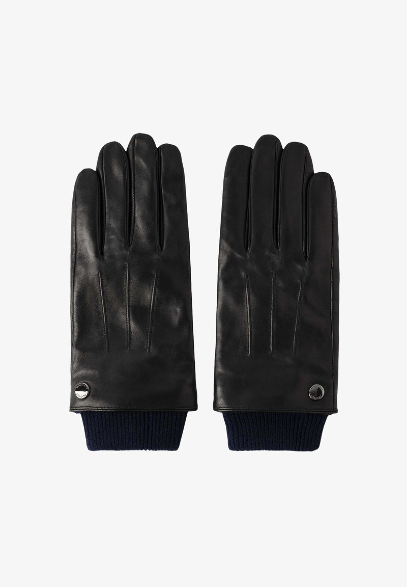 Schwarze Lederhandschuhe mit einem gerippten, marineblauen Strickbund, mit vier Nähten an jedem Finger und einem kleinen Metalllogo im Handgelenkbereich.