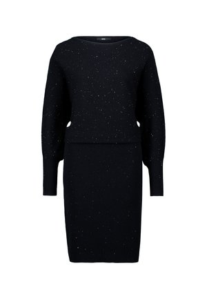 Black knit dress with a ribbed texture, featuring a boat neckline and long sleeves. Decorated with multicolored speckles throughout.