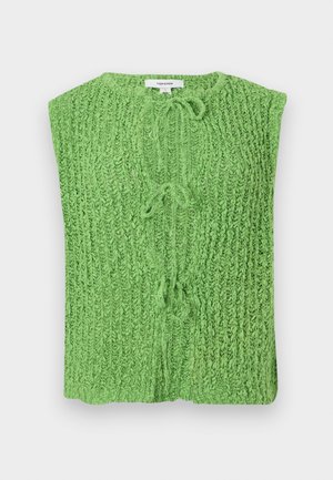 Gilet sans manches en grosse maille verte avec nœuds à l'avant et texture côtelée, étiqueté Topshop.