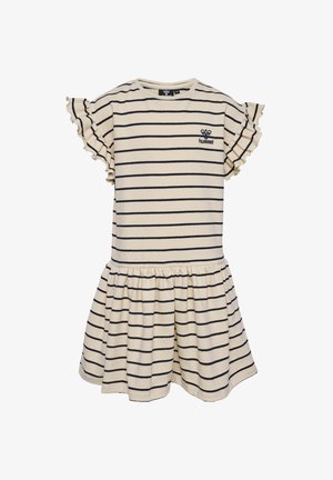 Abito a righe in crema con linee blu navy, maniche corte volantes e gonna arricciata. Presenta un logo ricamato sul petto.