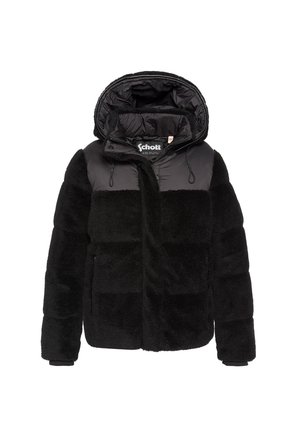 Sort hættejakke med fleece-krop og quiltede skuldre, synlig lynlås og trykknapper samt mærkelabel indeni kraven.
