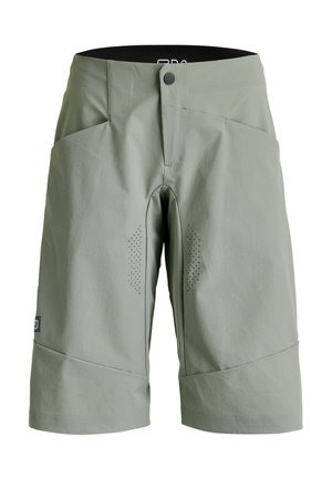 Light green knee-length shorts with front pockets, a button closure, and small perforated ventilation details near the inner thighs.