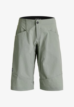 Light green knee-length shorts with front pockets, a button closure, and small perforated ventilation details near the inner thighs.