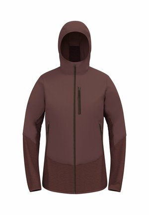 Bordeauxrote Kapuzenjacke mit glattem oberen Bereich und strukturiertem unteren Abschnitt, mit dunkler Reißverschlussdetail und einer Brusttasche.