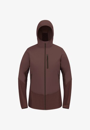 Bordeauxrote Kapuzenjacke mit glattem oberen Bereich und strukturiertem unteren Abschnitt, mit dunkler Reißverschlussdetail und einer Brusttasche.