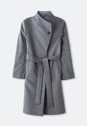 Long grey wool coat with high collar, single black button closure near neck, two side pockets, and matching belt tied at waist.