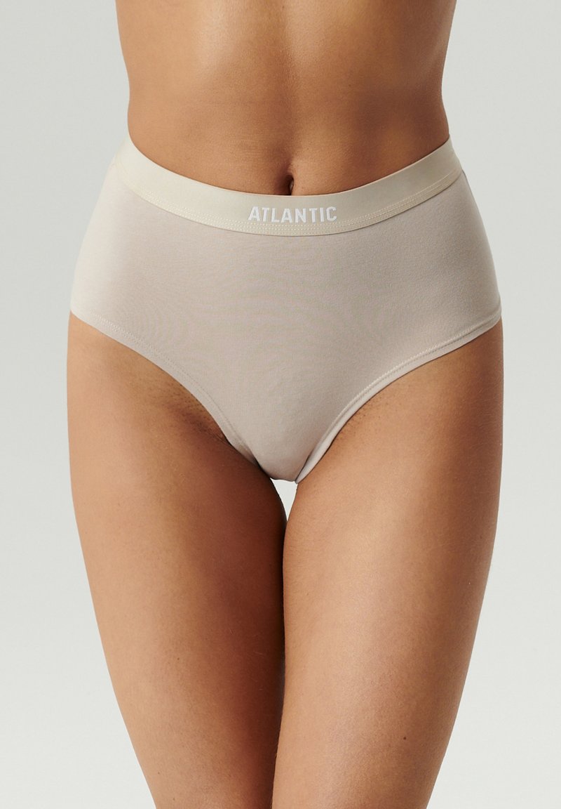 Beżowe majtki z wysokim stanem o gładkiej fakturze i miękkim elastycznym pasie w kolorze białym z nazwą marki "ATLANTIC".