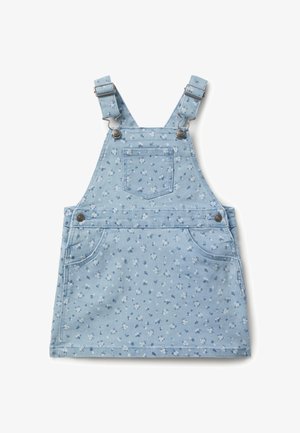 Vestido de tirantes de mezclilla en azul claro con pequeños patrones florales blancos. Cuenta con tirantes ajustables, un bolsillo frontal y dos bolsillos laterales.