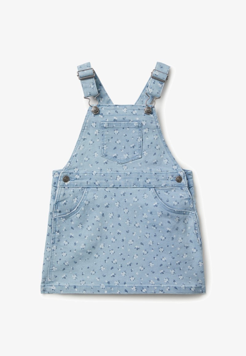 Sukienka ogrodniczka z denimu w jasnoniebieskim kolorze z małymi białymi wzorami kwiatowymi. Posiada regulowane ramiączka, kieszeń z przodu oraz dwie kieszenie boczne.