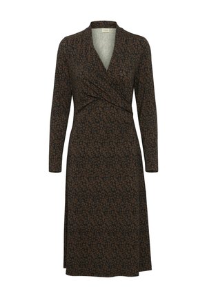 Ilga rankovėmis apvyniojama suknelė tamsios spalvos su mažais žiedų raštais žemės tonais. Turi V formos iškirpę ir prigludusią juosmenį.