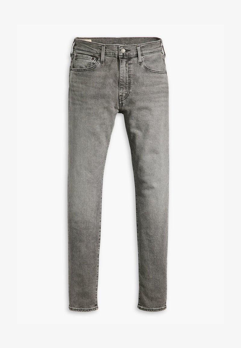 Jeans in denim grigio con vestibilità slim, cinque tasche, chiusura con bottone metallico, passanti per cintura standard e un leggero sbiadimento nella texture del tessuto.