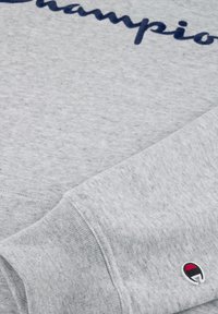 Grijze sweatshirts met een zachte, gestructureerde stof, een opvallend marineblauw "Champion"-logo en een klein geborduurd logo op de manchetten.