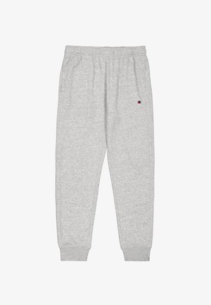 Sive trenerke iz mehkega blaga, z elastičnim pasom in manšeti, z stranskimi žepi in majhnim logotipom na levi stegnu.