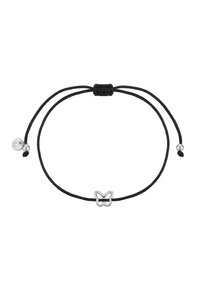 Melnā regulējamā aproce ar sudraba tauriņu piekariņu. Ietver divus virves, ar mezglu centrā un vienu dekoratīvo pērlīti.