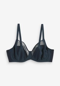 Donker marineblauwe draadloze bh met doorschijnende mesh accenten. Glad materiaal, beugelondersteuning en verstelbare bandjes met een zachte textuur.