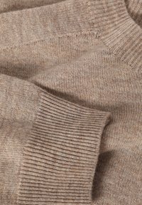 Pull beige en maille avec une texture douce, comprenant des poignets côtelés et un corps lisse. Le design présente différentes nuances de brun.
