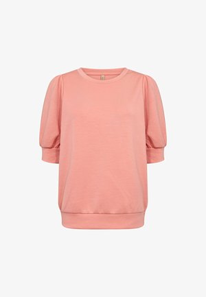 Sweatshirt scurt cu mâneci scurte, de culoare piersică, cu mâneci pufoase pliate, decolteu rotund și tiv cu ajur. Fabricat dintr-un material moale și ușor.