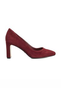Burgundy suede high heel pump with a pointed toe and a chunky heel, featuring a smooth texture and a subtle metallic accent at the base.
