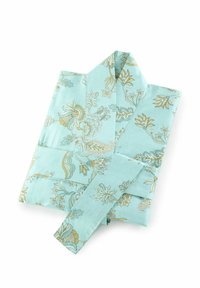 Light blue robe with floral pattern in gold and green. Features a wrap design and soft fabric texture. Includes long sleeves and matching belt.