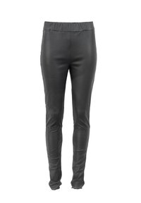 Schwarze Lederleggings mit elastischem Bund, taillierter Passform, glatter Textur und ohne sichtbare Taschen oder Verzierungen.