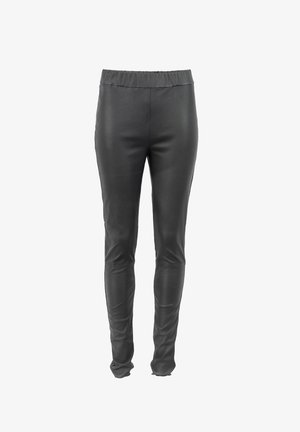 Zwarte leren leggings met een elastische tailleband, aansluitend ontwerp, gladde textuur en geen zichtbare zakken of versieringen.